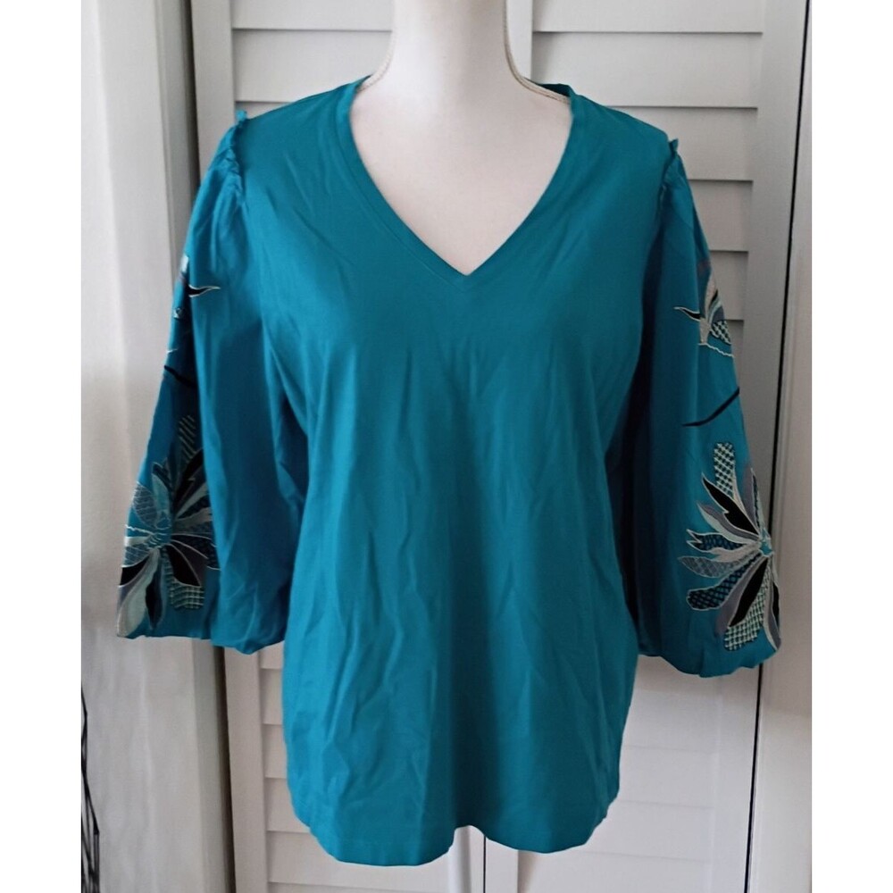 Chico's women's top Large Blue Embroidered‎ Floral Comfort Modal Cotton Modal